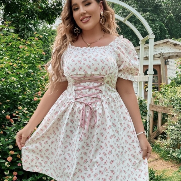 SHEIN Dresses & Skirts - Shein peasant dress in off white with pink flowers with lace up back size 0XL